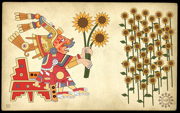 This is an artist's interpretation of how the lore of the cultivated flower could have been included on long-lost Aztec artifacts.